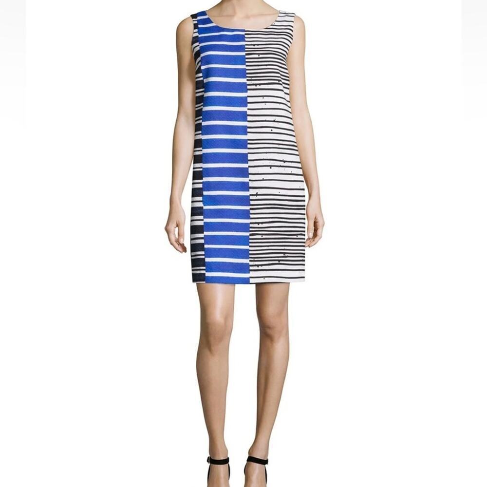 Lafayette 148 New York Drita Blue Ink Multi Striped Sleeveless Shift Dress Sz 8